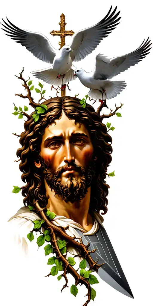 Jesus Christ Thorn vine on his head,two doves above jesus,on the other side saint micheal,a dagger and vine on my wrist tattoo design idea
