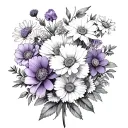flower bouquet drawing tattoo carnation, violet, daffodil, daisy, aster, marigold, peony and narcissuses tattoo design idea