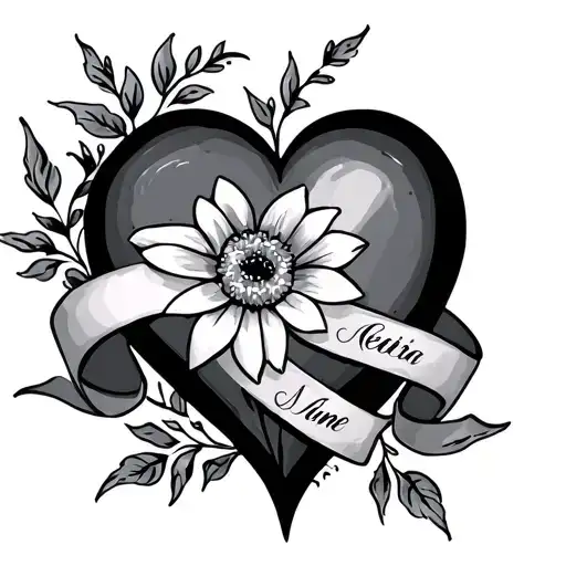 heart with 3 names in a ribbon with a flower tattoo design idea