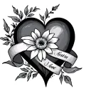 heart with 3 names in a ribbon with a flower tattoo design idea