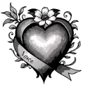 heart with 3 names in a ribbon with a flower tattoo design idea