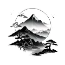 Japanese mountain scene tattoo design idea