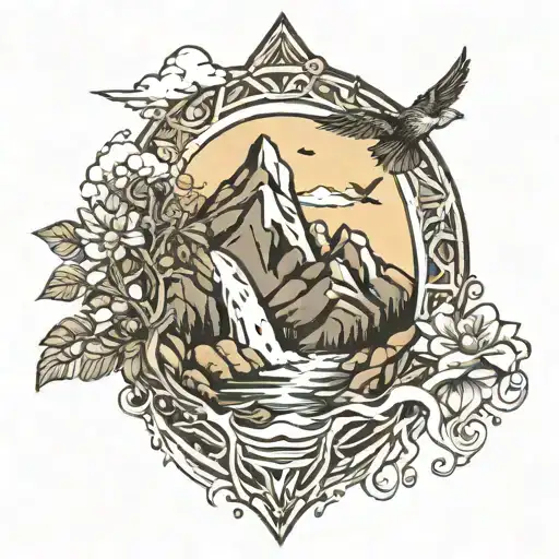 sun, mountains, bird, waterfall cascading into the sea tattoo design idea