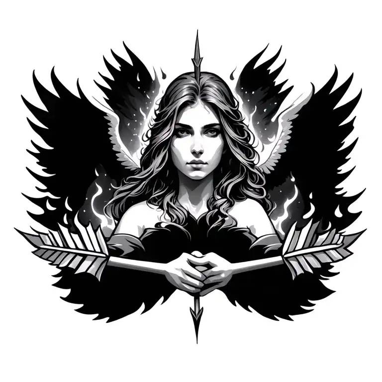 A design built in sound light for an arcane angel tattoo with an arrow in love flames of mystery and curiosity  tattoo design idea