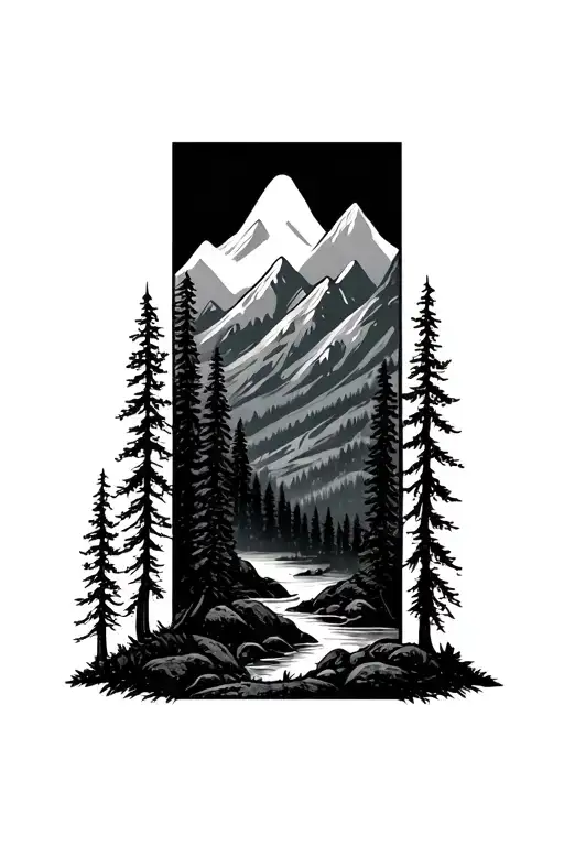 Forest, mountains tattoo design idea