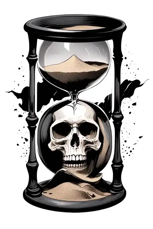 dark hour glass with sand and a skull under the base of it  tattoo design idea