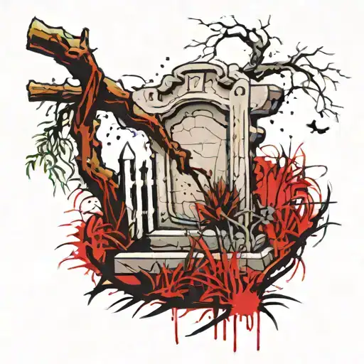 grave stone with overgrown grass and the branch of a willow tree hanging low. a broken picket fence in the background  tattoo design idea