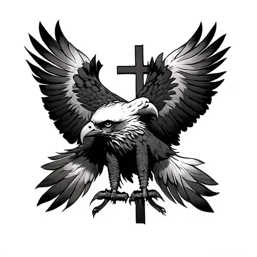 eagle feathers, hanging off cross tattoo design idea