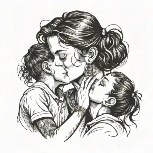 outline of little boy kissing moms forehead, with little sister tucked under her chin tattoo design idea