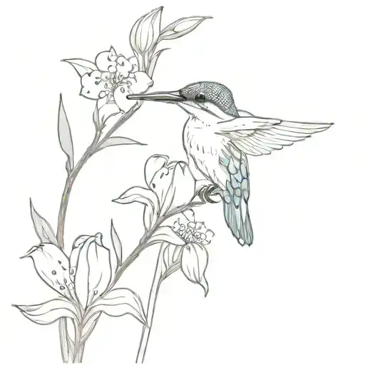 kingfisher ,butterfly, Lily of the valley flower stem, simple tattoo design idea