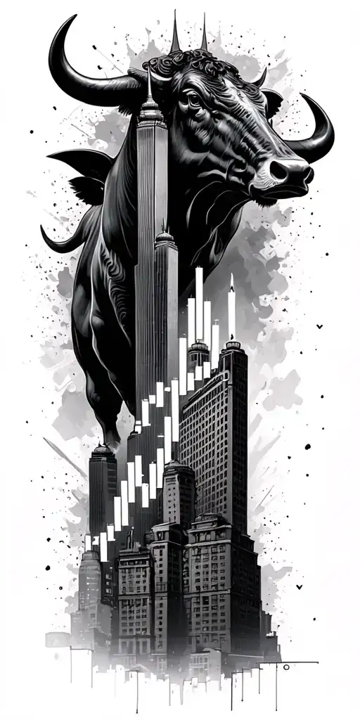 candlestick chart forming into the NYC stock exchange architecture World Trade Center the bull, all as trash polka tattoo design idea