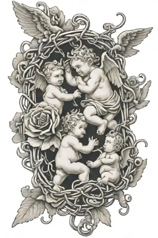 wrap around barbed wire with cherubs tattoo design idea