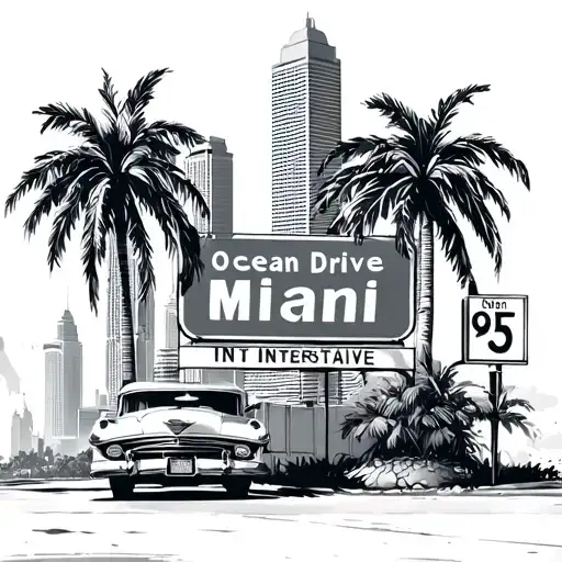 miami skyline, palm trees, 95 interstate sign and ocean drive sign tattoo design idea