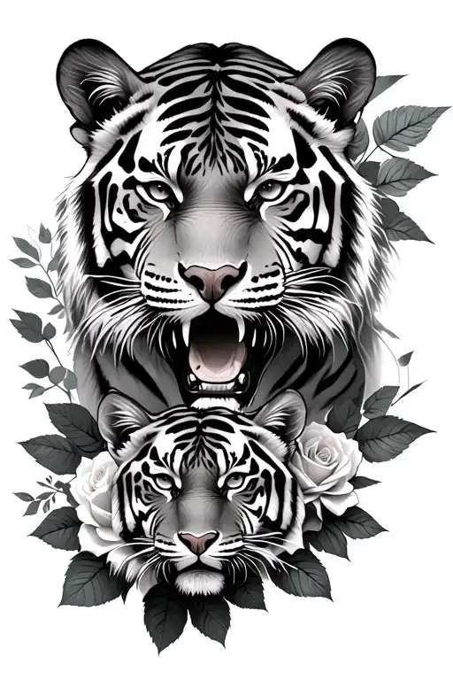 fierce tiger with paperplane and two young tigers and roses tattoo design idea