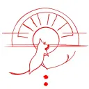 A minimalist tattoo of a red Japanese rising sun with a silhouette of a canine howling tattoo design idea