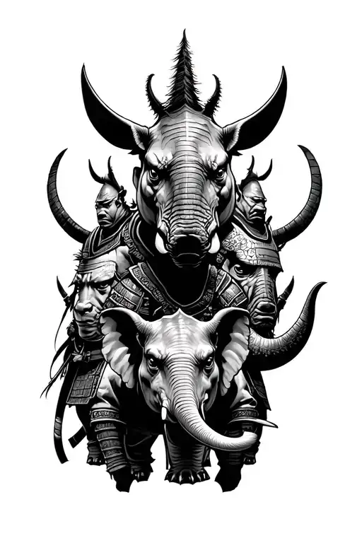 2 samurai with a rhinoceros head with a samurai with an elephant head tattoo design idea