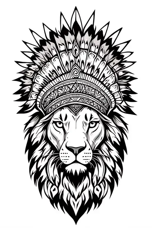 Warrior lion with Indian headdress and lion horn tattoo design idea