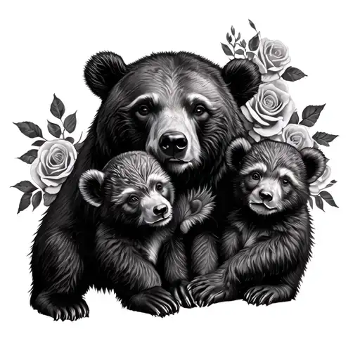 momma bear with 2 cubs intertwined with roses tattoo design idea