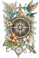 compass surrounded by hummingbird, toad, and lily flower tattoo design idea