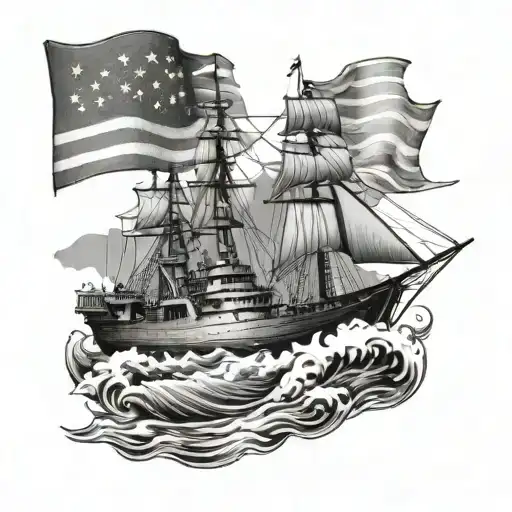 A tattoo design of a majestic battleship sailing through the waves, with the Arkansas state flag waving proudly in the background, showcasing your occupation as a Navy COB and your love for your home state tattoo design idea