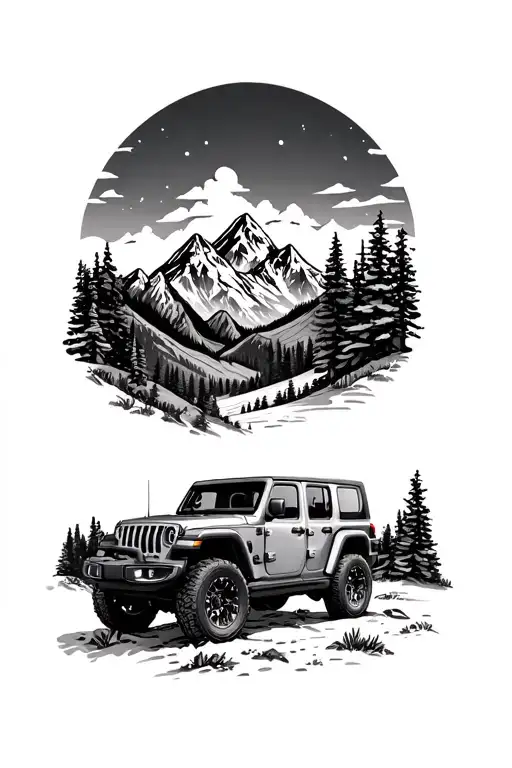 mountains, jeep wrangler in wilderness scene tattoo design idea