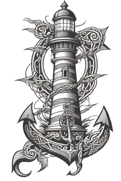tribal with anchor intertwined with lighthouse surrounded tattoo design idea