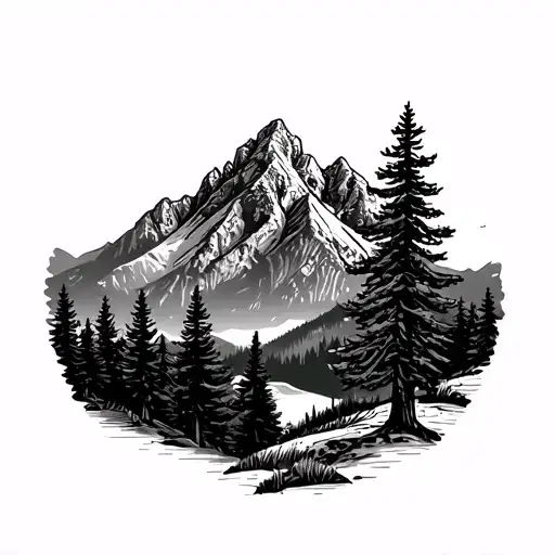 Teton mountain range with one or a few large pine trees tattoo design idea