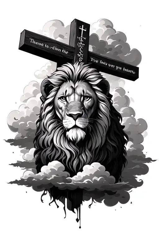 LIon with clouds and a cross iwith a verse written tattoo design idea