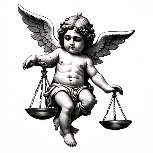 cherub holding scale balanced tattoo design idea