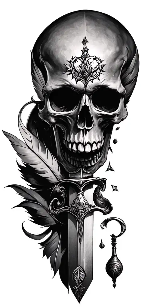 skull, sword, quill pen tattoo design idea