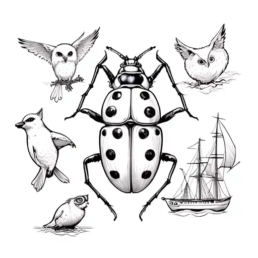 Lady beetles in the center surrounded by penguin, parrot divers, owl fox and ship. tattoo design idea