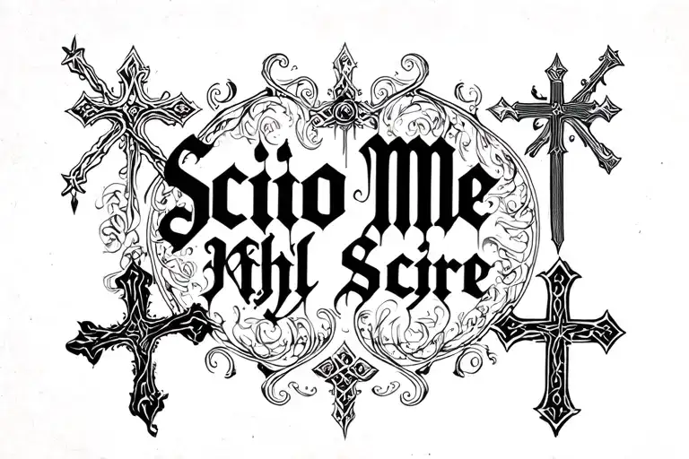 Elocated inscription in the Gothic style: "Scio Me Nihil Scire" and Crosses tattoo design idea