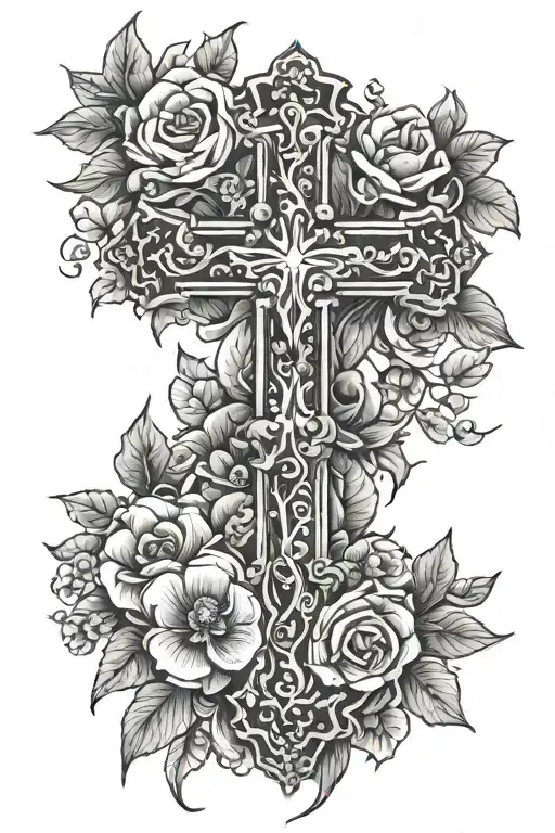 skinny cross with flowers around it tattoo design idea