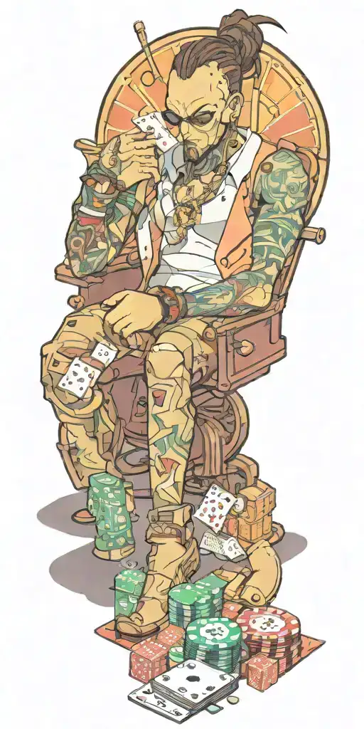 A cyberpunk-inspired anime character playing poker in a casino setting, reflecting the client's interest in Japanese ani tattoo design idea