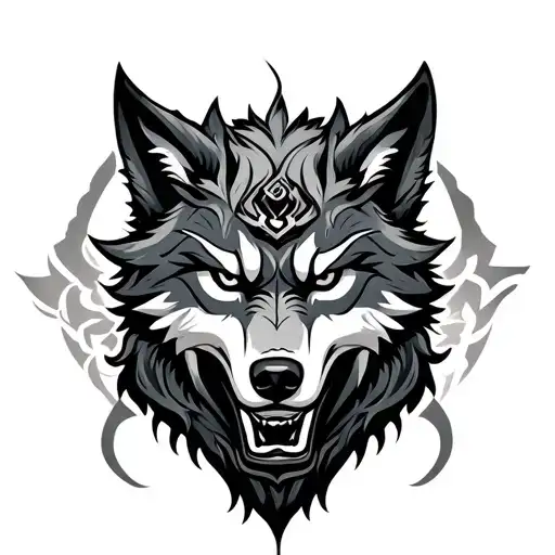 oni mask with wolf surrounded tattoo design idea