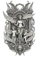 hell's gate guarded by female demons with wings tattoo design idea