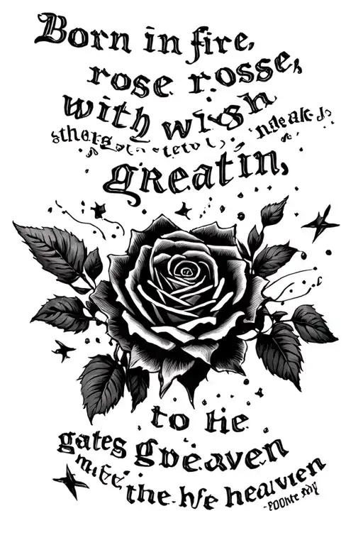 "born in fire, rose with greatn" create a tattoo that starts in hell, there’s a path going to the gates of heaven, make it realistic and deep tattoo design idea