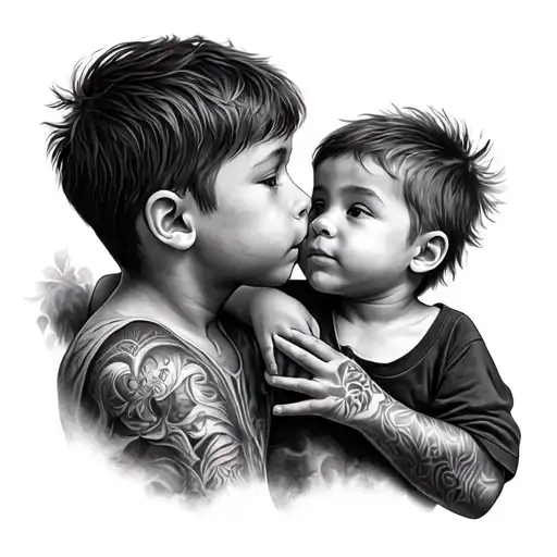 Realistic black and grey full-sleeve tattoo design, highly detailed and deeply contrasted, showing a boy and his younger tattoo design idea