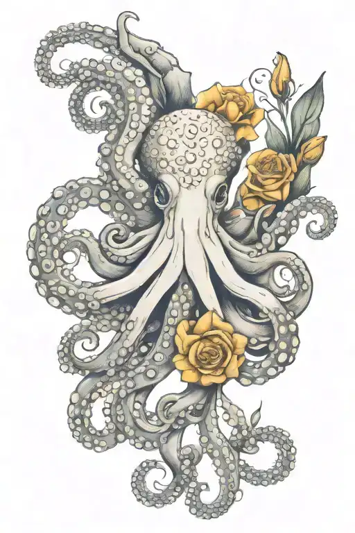 Octopus, daffodil, snowdrop, rose, marigold flower tattoo design idea