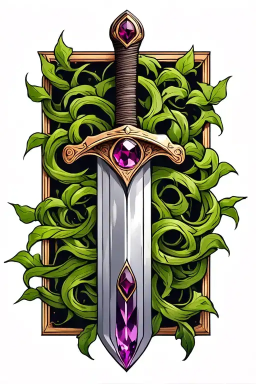 A broadsword pointed downward wrapped in vines. The hilt is inlaid with amethyst and garnet. tattoo design idea