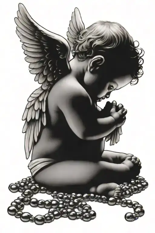 baby angel with praying hands holding a rosary wrapped tattoo design idea