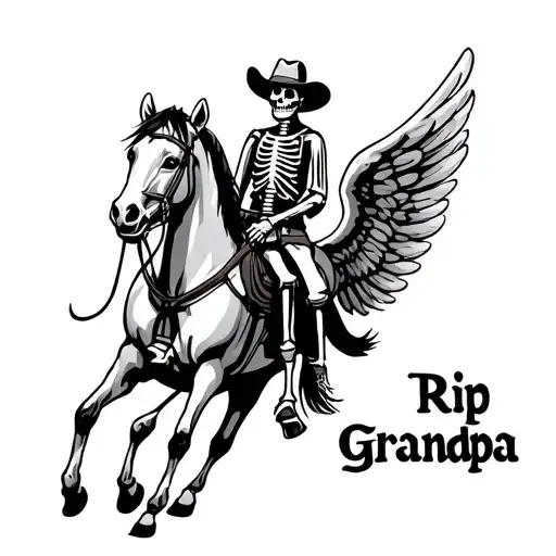 cowboy skeleton riding a horse, angel wings around it and it says rip grandpa  tattoo design idea