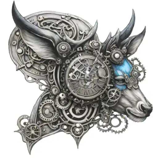Steampunk deer watches blue black copper grey tattoo design idea