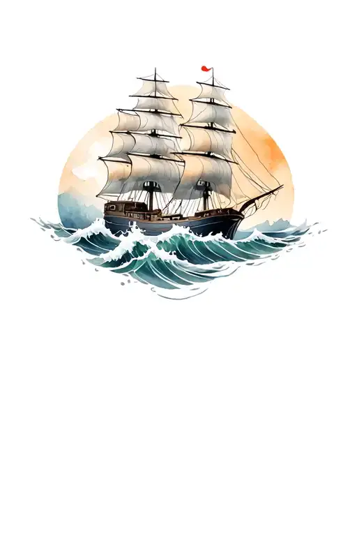 clipper ship dog waves crashing plants tattoo design idea