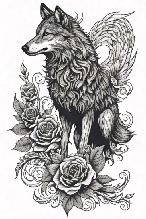 wolf with rose flowers and a phoenix with outstretched wings tattoo design idea