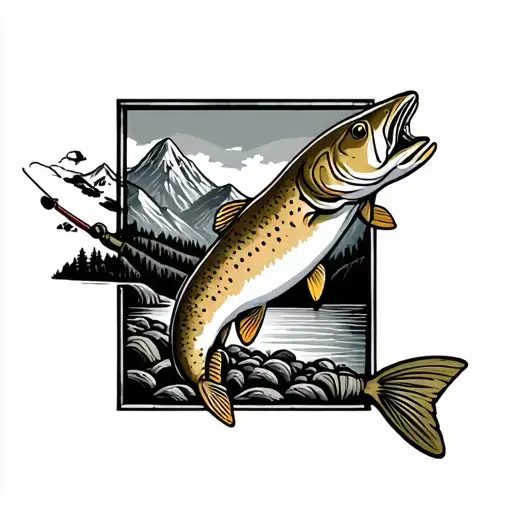 brown trout flyfishing with mountains adn stream  tattoo design idea