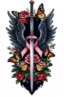 wings with sword and roses with a cancer ribbon and monarch butterflies tattoo design idea