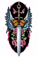 wings with sword and roses with a cancer ribbon and monarch butterflies tattoo design idea