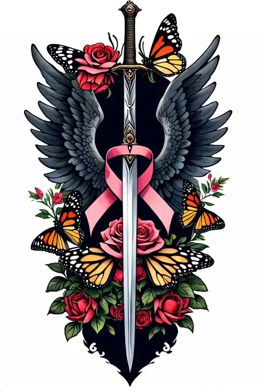 wings with sword and roses with a cancer ribbon and monarch butterflies tattoo design idea