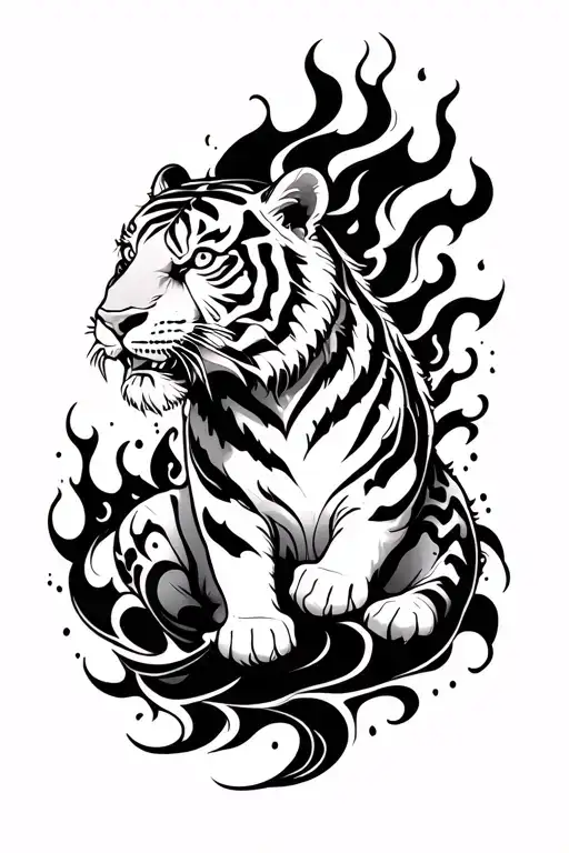 A Japanese-style tiger tattoo featuring mist and fire elements that spiral upward in flowing lines. The tiger is shown c tattoo design idea